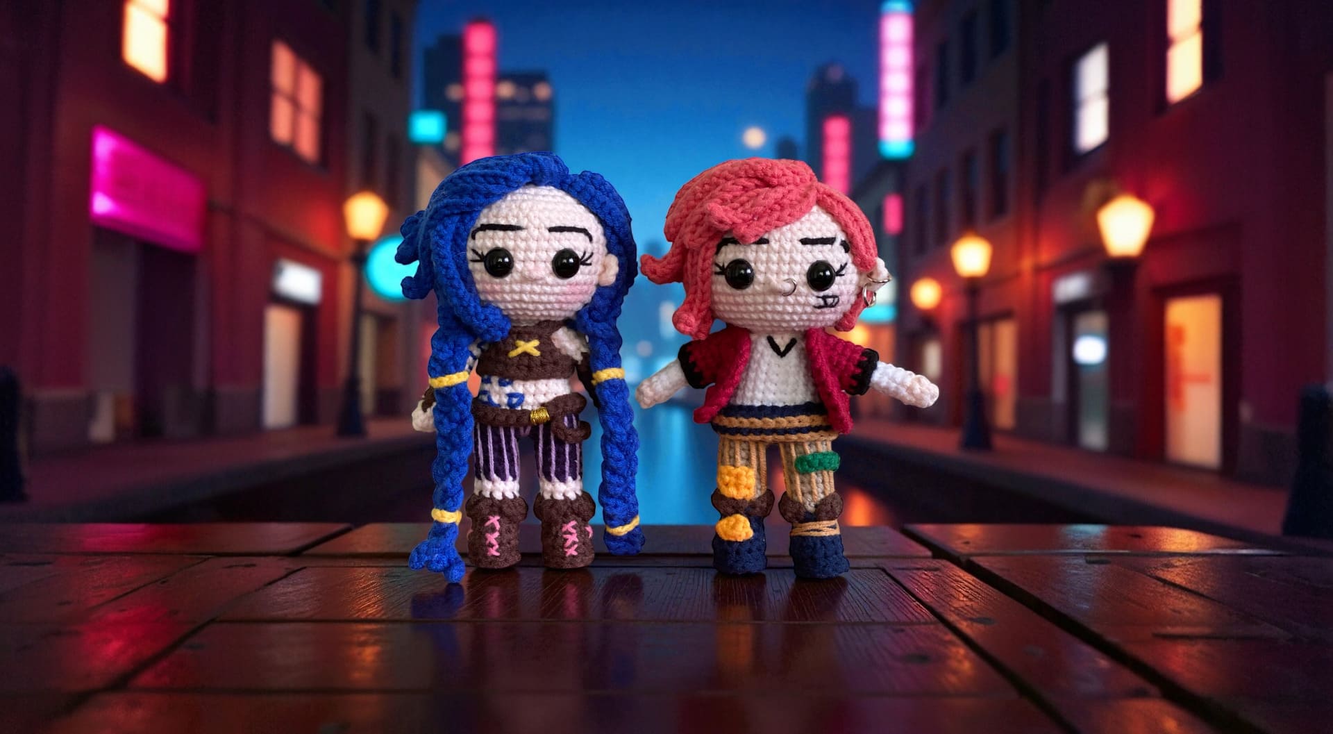 Jinx & Vi (Arcane) (Availability Status: Ready to Ship, Color Styles: Bright / Rainbow (Vibrant red, electric blue, lime green, bold yellow...), Size: Small (5–6” / 13–15 cm))