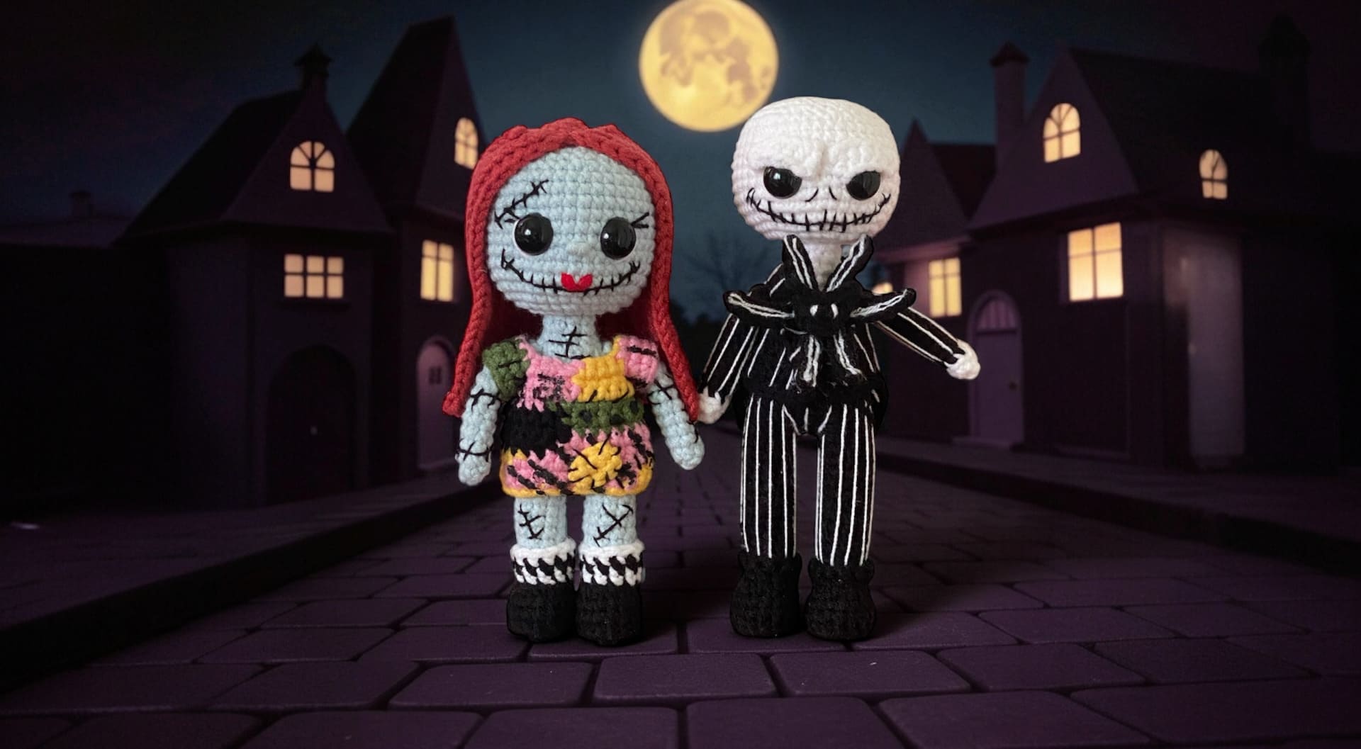 Sally & Jack Skellington (Availability Status: Ready to Ship, Color Styles: Monochrome (All white, all gray, all black, or grayscale), Size: Small (5–6” / 13–15 cm))