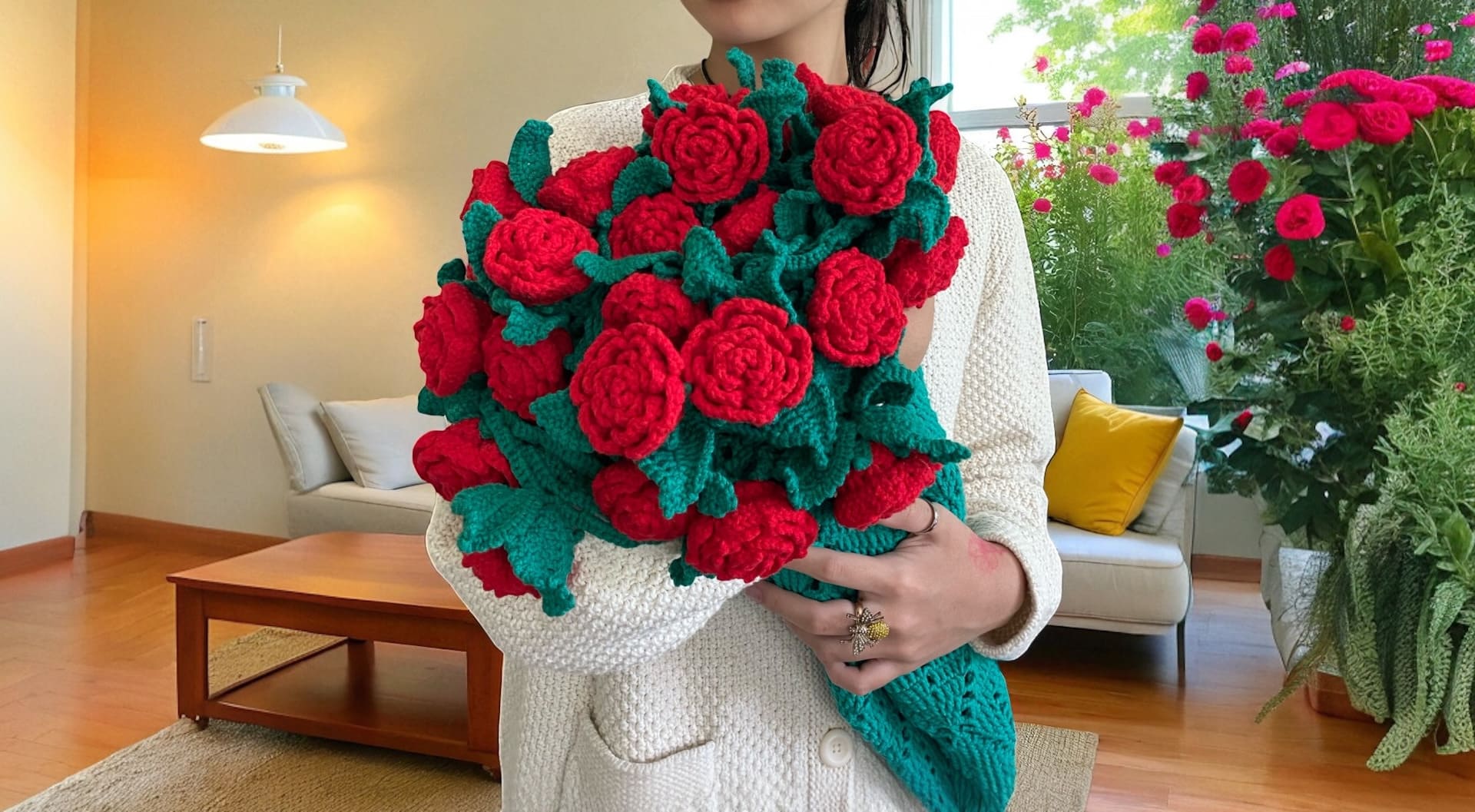 Cappuccino Rose Bouquet Blanket (Availability Status: Made to Order, Availability Status: Ready to Ship, Color Styles: Bright / Rainbow (Vibrant red, electric blue, lime green, bold yellow...), Size: Large (10”+ / 25+ cm))
