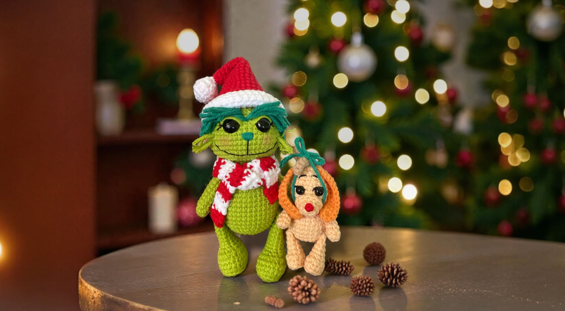 🎄 Grinch & Max (Availability Status: Made to Order, Color Styles: Seasonal Palette (Red/green (Christmas), orange/purple (Halloween), etc., Size: Small (5–6” / 13–15 cm))